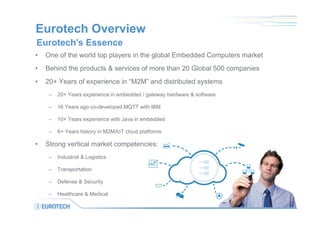 Eurotech Overview
• One of the world top players in the global Embedded Computers market
• Behind the products & services of more than 20 Global 500 companies
• 20+ Years of experience in “M2M” and distributed systems
– 20+ Years experience in embedded / gateway hardware & software
– 16 Years ago co-developed MQTT with IBM
– 10+ Years experience with Java in embedded
– 6+ Years history in M2M/IoT cloud platforms
• Strong vertical market competencies:
– Industrial & Logistics
– Transportation
– Defense & Security
– Healthcare & Medical
3
Eurotech’s Essence
 