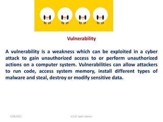 Vulnerability
A vulnerability is a weakness which can be exploited in a cyber
attack to gain unauthorized access to or perform unauthorized
actions on a computer system. Vulnerabilities can allow attackers
to run code, access system memory, install different types of
malware and steal, destroy or modify sensitive data.
7/28/2021 (C) Dr. Jyoti Lakhani
 