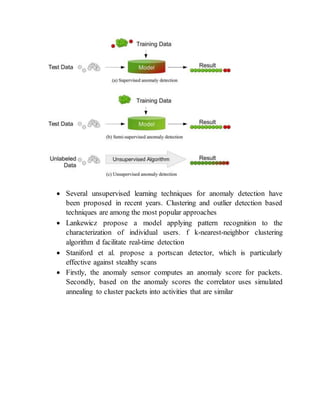  Several unsupervised learning techniques for anomaly detection have
been proposed in recent years. Clustering and outlier detection based
techniques are among the most popular approaches
 Lankewicz propose a model applying pattern recognition to the
characterization of individual users. f k-nearest-neighbor clustering
algorithm d facilitate real-time detection
 Staniford et al. propose a portscan detector, which is particularly
effective against stealthy scans
 Firstly, the anomaly sensor computes an anomaly score for packets.
Secondly, based on the anomaly scores the correlator uses simulated
annealing to cluster packets into activities that are similar
 