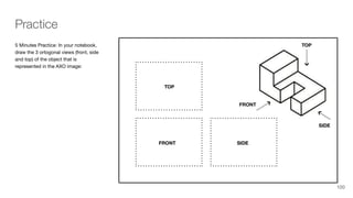 5 Minutes Practice: In your notebook,
draw the 3 ortogonal views (front, side
and top) of the object that is
represented in the AXO image:
TOP
FRONT SIDE
FRONT
TOP
SIDE
Practice
100
 