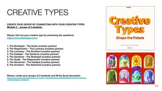 CREATIVE TYPES
CREATE YOUR GROUP BY CONNECTING WITH YOUR CREATIVE TYPES
Module 2 - groups of 3 students.
Please, ﬁnd out your creative type by answering the questions:
https://mycreativetype.com/
1. The Strategist - The Guide (creative partner)
2. The Regenerator - The Luminary (creative partner)
3. The Luminary - The Architect (creative partner)
4. The Catalyst - The Gardener (creative partner)
5. The Gardener - The Strategist (creative partner)
6. The Guide - The Regenerator (creative partner)
7. The Alchemist - The Catalyst (creative partner)
8. The Architect - The Alchemist (creative partner)
Please, create your groups of 3 students and ﬁll the Excel document:
https://docs.google.com/spreadsheets/d/1sb3yixf_w2ZvB0xJlbeCykp7RI5tS2GpSDAFmLLNHXc/edit?gid=
1770583745#gid=1770583745
156
 