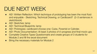 DUE NEXT WEEK
● AS1 Written Reﬂection: Which technique of prototyping has been the most ﬂuid
and enjoyable - Sketching, Technical Drawing, or Cardboard? (2–3 sentences in
sketchbook)
● AS1 Sketches: lamp
● AS1 Technical Blueprints: lamp
● AS1 Prototypes: cardboard choose one: Cube, Pyramid or Cylinder.
● AS1 Photo Documentation: At least 3 photos of in-progress and ﬁnal mock-ups
● Complete Creative Types Questionnaire and create groups of 3 students for
Module 2 and ﬁll the excel document
● Bring the necessary materials for Module 2
157
 
