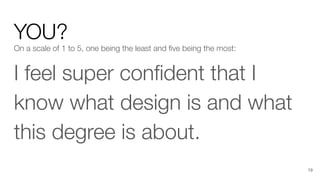 YOU?
On a scale of 1 to 5, one being the least and ﬁve being the most:
I feel super conﬁdent that I
know what design is and what
this degree is about.
19
 