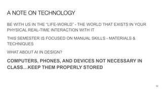 A NOTE ON TECHNOLOGY
BE WITH US IN THE “LIFE-WORLD” - THE WORLD THAT EXISTS IN YOUR
PHYSICAL REAL-TIME INTERACTION WITH IT
THIS SEMESTER IS FOCUSED ON MANUAL SKILLS - MATERIALS &
TECHNIQUES
WHAT ABOUT AI IN DESIGN?
COMPUTERS, PHONES, AND DEVICES NOT NECESSARY IN
CLASS…KEEP THEM PROPERLY STORED
32
 