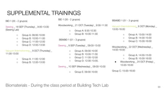 SUPPLEMENTAL TRAININGS
BID 1 (35 - 2 grupos)
Woodworking _ 21 OCT (Tuesday) _ 9:30-11:30
○ Group A: 9:30-10:30
○ Group B: 10:30-11:30
BBABID 1 (51 - 3 grupos)
Sewing _ 9 SEP (Tuesday) _ 09:00-13:00
○ Group A: 09:00-10:00
○ Group B: 10:00-11:00
○ Group C: 11:00-12:00
○ Group D: 12:00-13:00.
Sewing _ 10 SEP (Wednesday) _ 09:00-10:00
○ Group E: 09:00-10:00
BID 1 (35 - 2 grupos)
Sewing _ 18 SEP (Thursday) _ 9:00-13:00
(Sewing Lab)
○ Group A: 09:00-10:00
○ Group B: 10:00-11:00
○ Group C: 11:00-12:00
○ Group D: 12:00-13:00
Vacuum thermoforming _ 9 OCT (Thursday) _
11:00-13:00
○ Group A: 11:00-12:00
○ Group B: 12:00-13:00
33
BBABID 1 (51 - 3 grupos)
Vacuum thermoforming_ 6 OCT (Monday) _
13:00-16:00
○ Group A: 13:00-14:00
○ Group B: 14:00-15:00
○ Group C: 15:00-16:00
Woodworking _ 22 OCT (Wednesday) _
14:00-16:00
○ Group A: 14:00-15:00
○ Group B: 15:00-16:00
● Woodworking _ 24 OCT (Friday) _
15:00-16:00
Group C: 15:00-16:00
Biomaterials - During the class period at Building Tech Lab
 