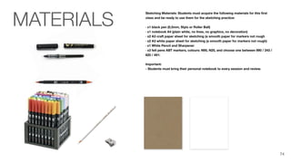 Sketching Materials: Students must acquire the following materials for this ﬁrst
class and be ready to use them for the sketching practice:
· x1 black pen (0,5mm, Stylo or Roller Ball)
· x1 notebook A4 (plain white, no lines, no graphics, no decoration)
· x2 A3 craft paper sheet for sketching (a smooth paper for markers not rough
· x2 A3 white paper sheet for sketching (a smooth paper for markers not rough)
· x1 White Pencil and Sharpener
· x3 felt pens ABT markers, colours: N95, N25, and choose one between 990 / 243 /
620 / 491:
Important:
- Students must bring their personal notebook to every session and review.
MATERIALS
74
 