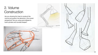 Are you showing thin lines to construct the
volume and position the elements in the correct
perspective? Are you using quick ellipses to
build cylinders and rounded shapes?
2. Volume
Construction
88
 