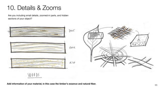 Add information of your material, in this case the timber’s essence and natural ﬁber.
Are you including small details, zoomed-in parts, and hidden
sections of your object?
10. Details & Zooms
95
 