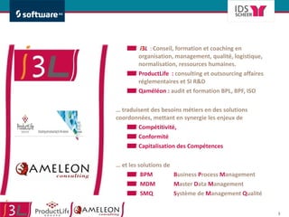 i 3 L   :  Conseil, formation et coaching en organisation, management, qualité, logistique, normalisation, ressources humaines. ProductLife  :  consulting et outsourcing affaires réglementaires et SI R&D Qaméléon :  audit et formation BPL, BPF, ISO …  traduisent des besoins métiers en des solutions coordonnées, mettant en synergie les enjeux de  Compétitivité,  Conformité  Capitalisation des Compétences …  et les solutions de  BPM   B usiness  P rocess  M anagement MDM  M aster  D ata  M anagement SMQ  S ystème de  M anagement  Q ualité 