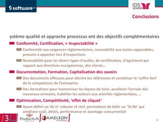 Conclusions  Système qualité et approche processus ont des objectifs complémentaires Conformité, Certification, « Inspectabilité » Conformité aux exigences réglementaires, recevabilité aux textes opposables, preuves à apporter lors d’inspections Recevabilité pour les divers types d’audits, de certification, d’agrément par rapport aux directives européennes, des clients… Documentation, Formation, Capitalisation des savoirs Des documents efficaces pour décrire les références et constituer le ‘coffre fort’ de la compétence de l’entreprise Des formations pour harmoniser les façons de faire, accélérer l’arrivée des nouveaux arrivants, habiliter les acteurs aux activités réglementées, … Optimisation, Compétitivité, ‘effet de cliquet’ Ayant défini un ‘As Is’ robuste et réel, permettant de bâtir un ‘To Be’ qui améliore coût, délais, performance et avantage concurrentiel 