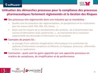 Utilisation des démarches processus pour la compliance des processus pharmaceutiques fortement réglementés et la Gestion des Risques Des processus très réglementés dans une Industrie qui se mondialise :  Quelles sont les évolutions des réglementations, les perspectives et les implications pour les acteurs (GxP, FDA, DM, ICH, Gamp, …) Quels sont les impacts de la mondialisation des produits,  de la dissémination des sources d’informations (CxO, partenariats…) , et inversement de la croissance exponentielle des demandes d’information sur les produits Exemples de projets SIs :  Le passage d’une collection d’applications informatiques à la constitution de systèmes d’information compliants et efficients, le triptyque: processus, référentiels et bien sur applications Conclusion : quels sont les gains apportés par une approche processus en matière de compliance, de simplification et de performance 