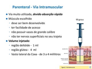 Parenteral - Via Intramuscular
⚫ Via muito utilizada, devido absorção rápida
⚫ Músculo escolhido
◦ deve ser bem desenvolvido
◦ ter facilidade de acesso
◦ não possuir vasos de grande calibre
◦ não ter nervos superficiais no seu trajeto
⚫ Volume injetado:
◦ região deltóide - 1 ml
◦ região glútea - 4 ml
◦ Vasto lateral da Coxa - de 3 a 4 mililitros
90 graus
 