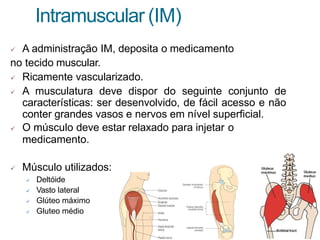 Intramuscular (IM)
 A administração IM, deposita o medicamento
no tecido muscular.
 Ricamente vascularizado.
 A musculatura deve dispor do seguinte conjunto de
características: ser desenvolvido, de fácil acesso e não
conter grandes vasos e nervos em nível superficial.
 O músculo deve estar relaxado para injetar o
medicamento.
 Músculo utilizados:
 Deltóide
 Vasto lateral
 Glúteo máximo
 Gluteo médio
 