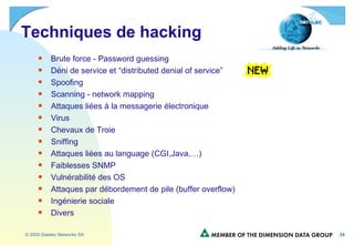 Techniques de hacking Brute force - Password guessing Déni de service et “distributed denial of service” Spoofing  Scanning - network mapping Attaques liées à la messagerie électronique Virus  Chevaux de Troie Sniffing Attaques liées au language (CGI,Java,…) Faiblesses SNMP Vulnérabilité des OS Attaques par débordement de pile (buffer overflow) Ingénierie sociale Divers 