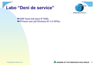 Labo “Deni de service” IGMP Nuke (kill stack IP W98) RFPoison.exe (kill Windows NT 4.0 SP6a) 