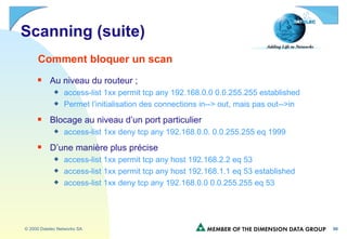 Scanning (suite) Comment bloquer un scan Au niveau du routeur ; access-list 1xx permit tcp any 192.168.0.0 0.0.255.255 established Permet l’initialisation des connections in--> out, mais pas out-->in Blocage au niveau d’un port particulier access-list 1xx deny tcp any 192.168.0.0. 0.0.255.255 eq 1999 D’une manière plus précise access-list 1xx permit tcp any host 192.168.2.2 eq 53 access-list 1xx permit tcp any host 192.168.1.1 eq 53 established access-list 1xx deny tcp any 192.168.0.0 0.0.255.255 eq 53 