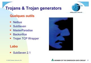 Trojans & Trojan generators Quelques outils Netbus SubSeven MasterParadise Backorifice Trojan TCP Wrapper Labo SubSeven 2.1 
