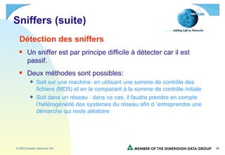 Sniffers (suite) Détection des sniffers Un sniffer est par principe difficile à détecter car il est passif. Deux méthodes sont possibles: Soit sur une machine: en utilisant une somme de contrôle des fichiers (MD5) et en la comparant à la somme de contrôle initiale Soit dans un réseau : dans ce cas, il faudra prendre en compte l’hétérogénéité des systèmes du réseau afin d ’entreprendre une démarche qui reste aléatoire 