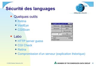Sécurité des languages Quelques outils Retina VoidEye CGIScan Labo HTTP server guess CGI Check Retina Compromission d’un serveur (explication théorique) 