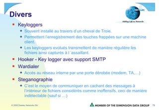 Divers Keyloggers Souvent installé au travers d’un cheval de Troie. Permettent l’enregistrement des touches frappées sur une machine client.  Les keyloggers evolués transmettent de manière régulière les fichiers ainsi capturés à l ’assaillant. Hooker - Key logger avec support SMTP  Wardialer Accès au réseau interne par une porte dérobée (modem, TA,…) Steganographie C’est le moyen de communiquer en cachant des messages à l’intérieur de fichiers considérés comme inoffensifs, ceci de manière indétectable (sauf si …) 