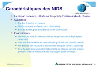 Caractéristiques des NIDS La plupart du temps, utilisés sur les points d’entrée-sortie du réseau Avantages Faciles à mettre en oeuvre N’affectent pas le réseau (non obstrusive) En cas d’arrêt, pas d’incidence sur la connectivité Inconvénients Les sondes sont limitées en termes de performance (high speed networks) Impossibilité de détecter une attaque qui n’est pas dans le ruleset Ne détecte pas toujours la source des attaques (smurf, spoofing) Si le hacker tente une pénétration lente du réseau sur une longue période, le NIDS ne pourra pas tout logger (taille des logs) 