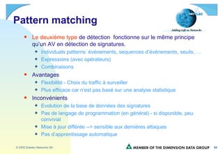 Pattern matching Le deuxième type  de détection  fonctionne sur le même principe qu’un AV en détection de signatures. Individuals patterns: événements, sequences d’événements, seuils, … Expressions (avec opérateurs) Combinaisons Avantages Flexibilité - Choix du traffic à surveiller Plus efficace car n’est pas basé sur une analyse statistique Inconvénients Evolution de la base de données des signatures Pas de langage de programmation (en général) - si disponible, peu convivial Mise à jour différée --> sensible aux dernières attaques Pas d’apprentissage automatique 