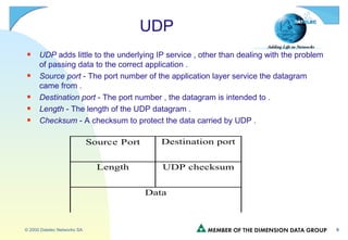 UDP UDP  adds little to the underlying IP service , other than dealing with the problem of passing data to the correct application .  Source port  - The port number of the application layer service the datagram came from . Destination port  - The port number , the datagram is intended to . Length  - The length of the UDP datagram . Checksum  - A checksum to protect the data carried by UDP . 