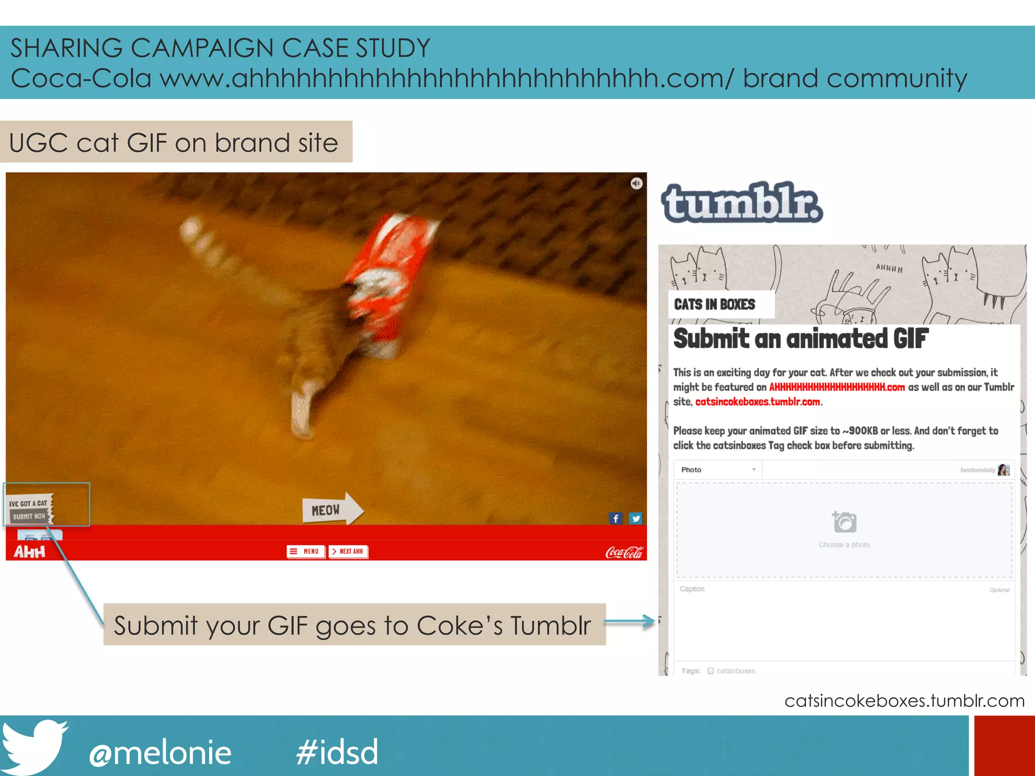 @melonie #idsd
SHARING CAMPAIGN CASE STUDY
Coca-Cola www.ahhhhhhhhhhhhhhhhhhhhhhhhhh.com/ brand community
catsincokeboxes.tumblr.com
UGC cat GIF on brand site
Submit your GIF goes to Coke’s Tumblr
 