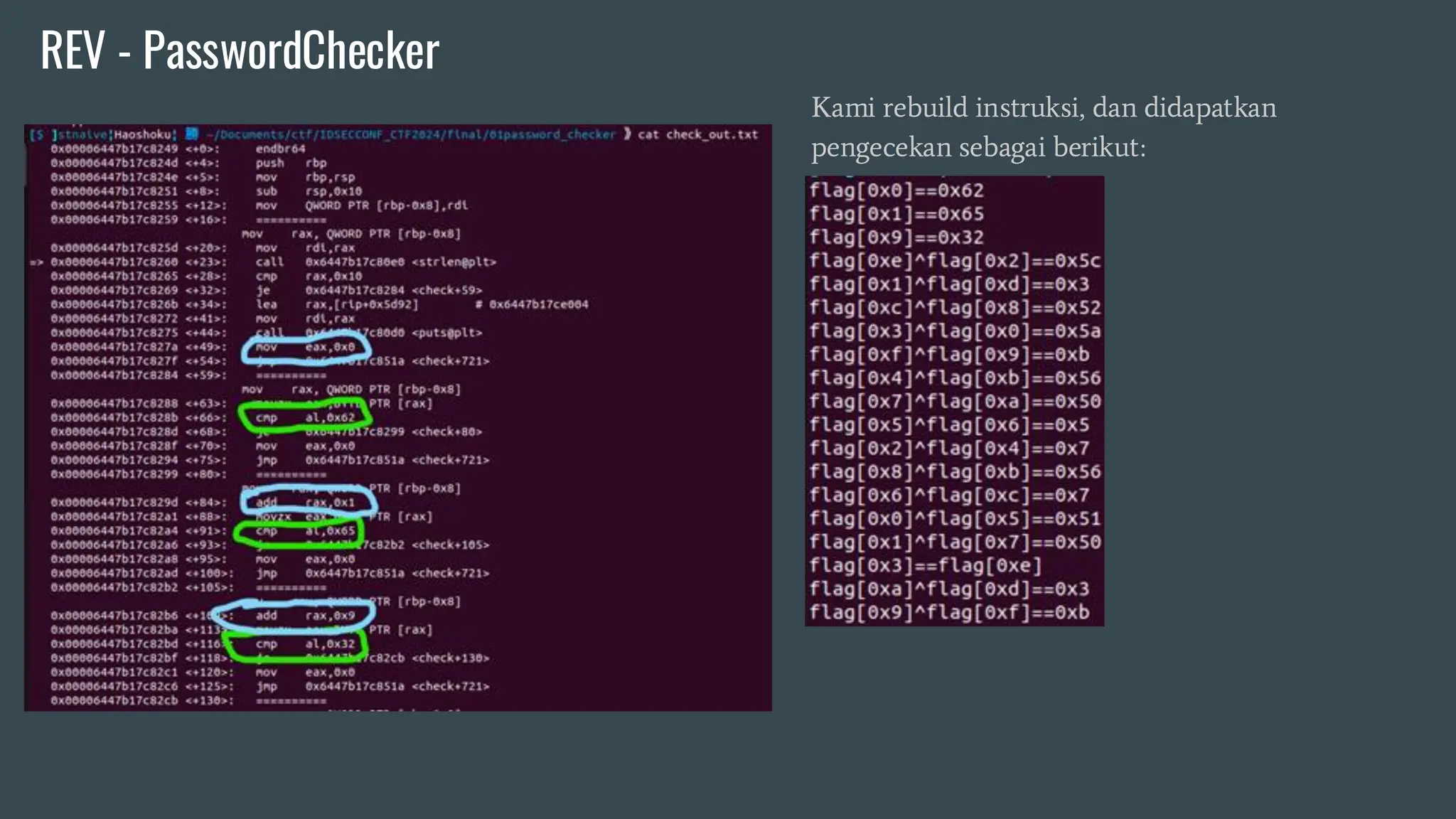 Kami rebuild instruksi, dan didapatkan
pengecekan sebagai berikut:
REV - PasswordChecker
 