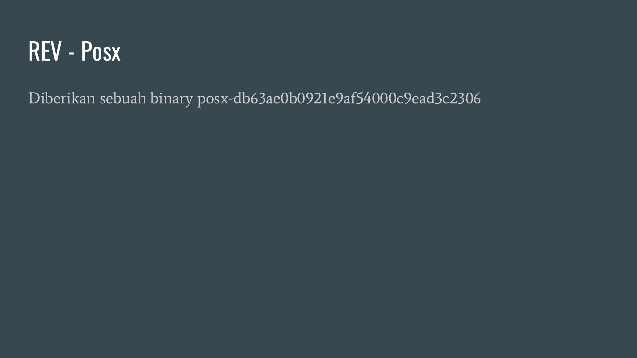 REV - Posx
Diberikan sebuah binary posx-db63ae0b0921e9af54000c9ead3c2306
 