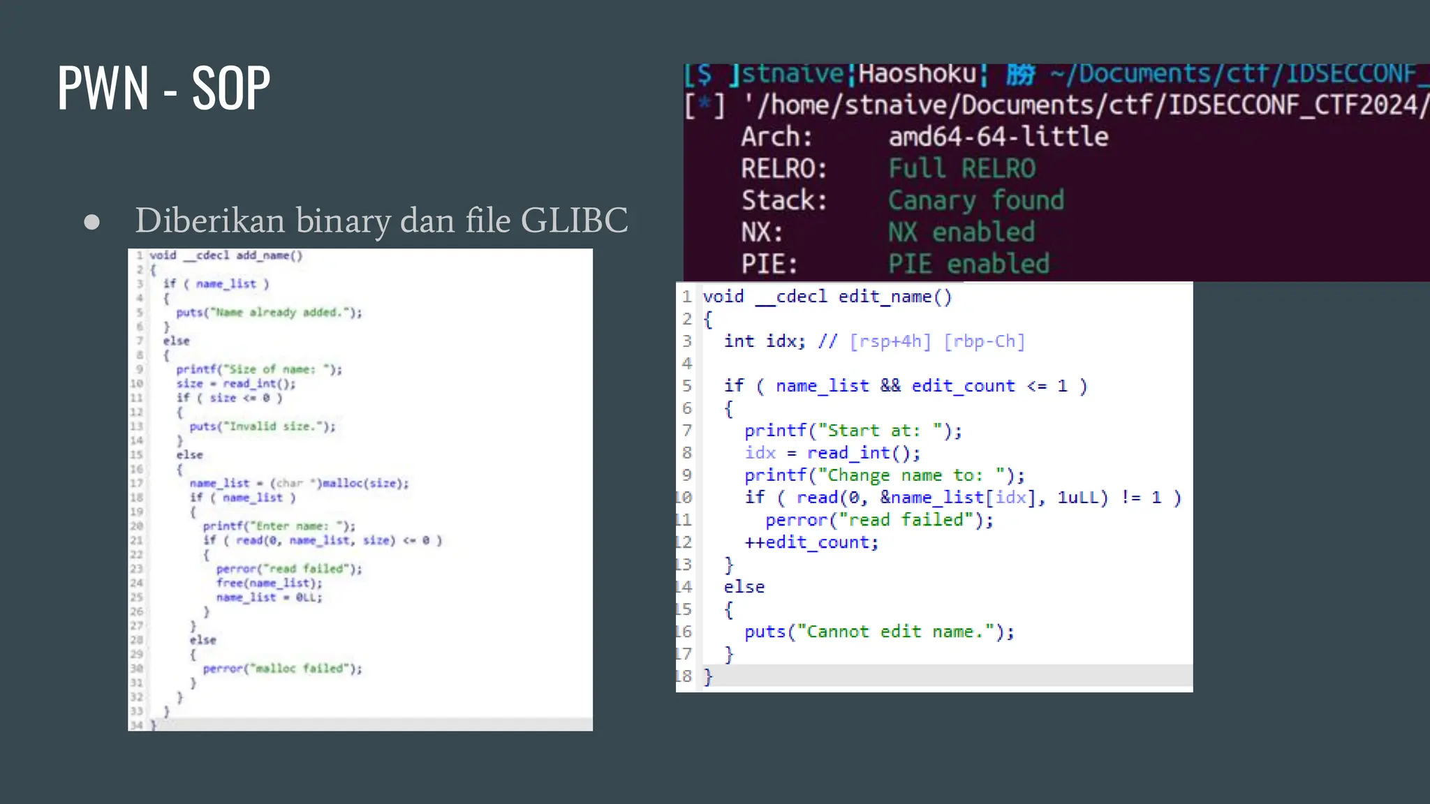 PWN - SOP
● Diberikan binary dan file GLIBC
 