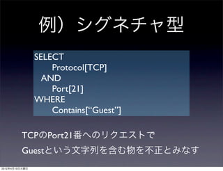 例）シグネチャ型
                SELECT
                    Protocol[TCP]
                  AND
                    Port[21]
                WHERE
                    Contains[“Guest”]

         TCPのPort21番へのリクエストで
         Guestという文字列を含む物を不正とみなす
2012年4月10日火曜日
 
