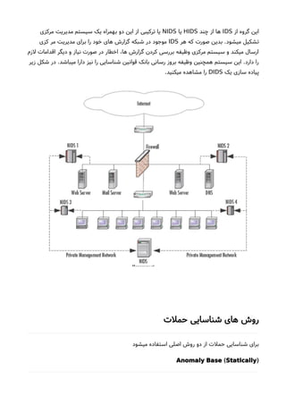 ‫از‬ ‫گروه‬ ‫این‬IDS‫چند‬ ‫از‬ ‫ها‬HIDS‫یا‬NIDS‫مرکزی‬ ‫مدیریت‬ ‫سیستم‬ ‫یک‬ ‫بهمراه‬ ‫دو‬ ‫این‬ ‫از‬ ‫ترکیبی‬ ‫یا‬
‫هر‬ ‫که‬ ‫صورت‬ ‫بدین‬ .‫میشود‬ ‫تشکیل‬IDS‫کزی‬ ‫مر‬ ‫مدیریت‬ ‫برای‬ ‫را‬ ‫خود‬ ‫های‬ ‫گزارشا‬ ‫شبکه‬ ‫در‬ ‫موجود‬
‫لزم‬ ‫اقدامات‬ ‫دیگر‬ ‫و‬ ‫نیاز‬ ‫صورت‬ ‫در‬ ‫اخطار‬ ،‫ها‬ ‫گزارشا‬ ‫کردن‬ ‫بررسی‬ ‫وظیفه‬ ‫مرکزی‬ ‫سیستم‬ ‫و‬ ‫میکند‬ ‫ارسال‬
‫زیر‬ ‫شکل‬ ‫در‬ .‫میباشد‬ ‫دارا‬ ‫نیز‬ ‫را‬ ‫شناسایی‬ ‫قوانین‬ ‫بانک‬ ‫رسانی‬ ‫بروز‬ ‫وظیفه‬ ‫همچنین‬ ‫سیستم‬ ‫این‬ .‫دارد‬ ‫را‬
‫یک‬ ‫سازی‬ ‫پیاده‬DIDS.‫میکنید‬ ‫مشاهده‬ ‫را‬
‫حملت‬ ‫شناسایی‬ ‫های‬ ‫روشا‬
‫میشود‬ ‫استفاده‬ ‫اصلی‬ ‫روشا‬ ‫دو‬ ‫از‬ ‫حملت‬ ‫شناسایی‬ ‫برای‬
)(Anomaly Base Statically
 