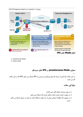 ‫انواع‬Mode‫های‬IPS
1. promiscuous Mode
2. Inline mode
‫معرفی‬promiscuous Mode‫در‬IPS‫سیسکو‬ ‫های‬
--
‫به‬ ‫بررسی‬ ‫و‬ ‫پردازشا‬ ‫برای‬ ‫ها‬ ‫بسته‬ ‫از‬ ‫کپی‬ ‫یک‬ ‫حالت‬ ‫این‬ ‫در‬IPS‫شود‬ ‫می‬ ‫ارسال‬IDS‫حالت‬ ‫این‬ ‫در‬ ‫ها‬
.‫کنند‬ ‫می‬ ‫کار‬
‫حالت‬ ‫این‬ ‫مزایا‬
1.‫گذارد‬ ‫نمی‬ ‫تاثیر‬ ‫شبکه‬ ‫سرعت‬ ‫روی‬ ‫بر‬
2.‫شود‬ ‫نمی‬ ‫شبکه‬ ‫کار‬ ‫شدن‬ ‫مختل‬ ‫باعث‬ ‫شدن‬ ‫خراب‬ ‫صورت‬ ‫در‬
3.‫تاثیر‬ ‫بی‬ ‫شبکه‬ ‫حریان‬ ‫در‬ ‫هم‬ ‫باز‬ ‫باشد‬ ‫دستگاه‬ ‫توان‬ ‫حد‬ ‫از‬ ‫بیش‬ ‫ارسالی‬ ‫ترافیک‬ ‫که‬ ‫صورتی‬ ‫در‬
‫است‬
 