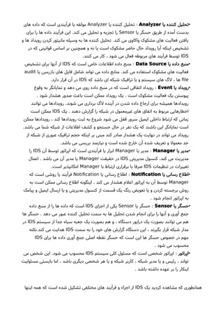 •‫یا‬ ‫کننده‬ ‫تحلیل‬Analyzer:‫یا‬ ‫کننده‬ ‫تحلیل‬Analyzer‫های‬ ‫داده‬ ‫که‬ ‫است‬ ‫فرآیندی‬ ‫یا‬ ‫مولفه‬
‫یا‬ ‫حسگر‬ ‫طریق‬ ‫از‬ ‫آمده‬ ‫بدست‬Sensor‫برای‬ ‫را‬ ‫ها‬ ‫داده‬ ‫فرآیند‬ ‫این‬ .‫کند‬ ‫می‬ ‫تحلیل‬ ‫و‬ ‫تجزیه‬ ‫را‬
‫و‬ ‫ها‬ ‫رویداد‬ ‫کردن‬ ‫مانیتور‬ ‫وسیله‬ ‫به‬ ‫ها‬ ‫کننده‬ ‫تحلیل‬ .‫کند‬ ‫می‬ ‫واکاوی‬ ‫مشکوک‬ ‫های‬ ‫فعالیت‬ ‫یافتن‬
‫در‬ ‫که‬ ‫قوانینی‬ ‫اساس‬ ‫بر‬ ‫همچنین‬ ‫و‬ ‫نه‬ ‫یا‬ ‫است‬ ‫مشکوک‬ ‫حاضر‬ ‫حال‬ ‫رویداد‬ ‫آیا‬ ‫اینکه‬ ‫تشخیص‬
IDS.‫کنند‬ ‫می‬ ‫کار‬ ، ‫شود‬ ‫می‬ ‫فعال‬ ‫مربوطه‬ ‫های‬ ‫فرآیند‬ ‫توسط‬
•‫یا‬ ‫داده‬ ‫منبع‬Data Source:‫که‬ ‫است‬ ‫خامی‬ ‫اطلعات‬ ‫داده‬ ‫منبع‬IDS‫تشخیص‬ ‫برای‬ ‫آنها‬ ‫از‬
‫یا‬ ‫بازرسی‬ ‫های‬ ‫فایل‬ ‫شامل‬ ‫تواند‬ ‫می‬ ‫داده‬ ‫منابع‬ .‫کند‬ ‫می‬ ‫استفاده‬ ‫مشکوک‬ ‫های‬ ‫فعالیت‬audit
fle‫که‬ ‫باشد‬ ‫ای‬ ‫شبکه‬ ‫ترافیک‬ ‫یا‬ ‫و‬ ‫سیستم‬ ‫های‬ ‫لگ‬ ، ‫ها‬IDS.‫دارد‬ ‫قرار‬ ‫آن‬ ‫در‬
•‫یا‬ ‫رویداد‬Event:‫وقوع‬ ‫به‬ ‫نمایانگر‬ ‫و‬ ‫دهد‬ ‫می‬ ‫روی‬ ‫داده‬ ‫منبع‬ ‫در‬ ‫که‬ ‫است‬ ‫اتفاقی‬ ‫رویداد‬
. ‫شود‬ ‫هشدار‬ ‫صدور‬ ‫باعث‬ ‫است‬ ‫ممکن‬ ‫رویداد‬ ‫یک‬ . ‫است‬ ‫مشکوک‬ ‫فعالیت‬ ‫یک‬ ‫پیوستن‬
‫توانند‬ ‫می‬ ‫رویدادها‬ .‫شوند‬ ‫می‬ ‫برداری‬ ‫لگ‬ ‫آینده‬ ‫در‬ ‫شدن‬ ‫داده‬ ‫ارجاع‬ ‫برای‬ ‫همیشه‬ ‫رویدادها‬
‫یک‬ . ‫دهند‬ ‫گزارشا‬ ‫را‬ ‫شبکه‬ ‫در‬ ‫غیرمعمول‬ ‫های‬ ‫اتفاق‬ ‫به‬ ‫مربوط‬ ‫اخطارهایی‬IDS‫است‬ ‫ممکن‬
‫ممکن‬ ‫رویدادها‬ ، ‫کند‬ ‫رویدادها‬ ‫ثبت‬ ‫به‬ ‫شروع‬ ‫شود‬ ‫می‬ ‫قفل‬ ‫سرور‬ ‫ایمیل‬ ‫داخلی‬ ‫ارتباط‬ ‫که‬ ‫زمانی‬
.‫باشد‬ ‫می‬ ‫شما‬ ‫شبکه‬ ‫از‬ ‫اطلعات‬ ‫کشف‬ ‫و‬ ‫جستجو‬ ‫حال‬ ‫در‬ ‫نفر‬ ‫یک‬ ‫که‬ ‫باشند‬ ‫این‬ ‫نمایانگر‬ ‫است‬
‫از‬ ‫شبکه‬ ‫از‬ ‫عبوری‬ ‫ترافیک‬ ‫حجم‬ ‫اینکه‬ ‫بر‬ ‫مبنی‬ ‫کند‬ ‫صادر‬ ‫هشدار‬ ‫یک‬ ‫نهایت‬ ‫در‬ ‫تواند‬ ‫می‬ ‫رویداد‬
.‫باشد‬ ‫می‬ ‫بررسی‬ ‫نیازمند‬ ‫و‬ ‫است‬ ‫شده‬ ‫خارج‬ ‫آن‬ ‫شده‬ ‫تعریف‬ ‫و‬ ‫معمول‬ ‫حد‬
•‫یا‬ ‫مدیر‬Manager:‫یا‬ ‫مدیر‬Manager‫آن‬ ‫توسط‬ ‫اپراتور‬ ‫که‬ ‫است‬ ‫فرآیندی‬ ‫یا‬ ‫ابزار‬IDS‫را‬
‫مدیریتی‬ ‫کنسول‬ .‫کند‬ ‫می‬ ‫مدیریت‬IDS‫حقیقت‬ ‫در‬Manager‫اعمال‬ . ‫باشد‬ ‫می‬ ‫آن‬ ‫مدیر‬ ‫یا‬
‫تنظیمات‬ ‫در‬ ‫تغییرات‬IDS‫با‬ ‫ارتباط‬ ‫برقراری‬ ‫با‬ ‫صرفا‬Manager.‫است‬ ‫امکانپذیر‬
•‫یا‬ ‫رسانی‬ ‫اطلع‬Notifcation:‫یا‬ ‫رسانی‬ ‫اطلع‬Notifcation‫که‬ ‫است‬ ‫روشی‬ ‫یا‬ ‫فرآیند‬
Manager‫به‬ ‫است‬ ‫ممکن‬ ‫رسانی‬ ‫اطلع‬ ‫اینگونه‬ . ‫کند‬ ‫می‬ ‫هشدار‬ ‫اعلم‬ ‫اپراتور‬ ‫به‬ ‫آن‬ ‫توسط‬
‫پیامک‬ ‫و‬ ‫ایمیل‬ ‫ارسال‬ ‫یا‬ ‫و‬ ‫مدیریتی‬ ‫کنسول‬ ‫از‬ ‫قسمت‬ ‫یک‬ ‫رنگ‬ ‫تعویض‬ ‫یا‬ ‫و‬ ‫کردن‬ ‫برجسته‬ ‫روشا‬
. ‫شود‬ ‫انجام‬ ‫اپراتور‬ ‫به‬
•‫یا‬ ‫حسگر‬Sensor:‫یا‬ ‫حسگر‬Sensor‫اجزای‬ ‫از‬ ‫یکی‬IDS‫داده‬ ‫منبع‬ ‫از‬ ‫را‬ ‫ها‬ ‫داده‬ ‫که‬ ‫است‬
‫ها‬ ‫حسگر‬ . ‫دهد‬ ‫می‬ ‫عبور‬ ‫کننده‬ ‫تحلیل‬ ‫سمت‬ ‫به‬ ‫ها‬ ‫تحلیل‬ ‫شدن‬ ‫انجام‬ ‫برای‬ ‫را‬ ‫آنها‬ ‫و‬ ‫آوری‬ ‫جمع‬
‫سیستم‬ ‫از‬ ‫جدا‬ ‫سیاه‬ ‫جعبه‬ ‫یک‬ ‫بصورت‬ ‫هم‬ ‫و‬ ، ‫دستگاه‬ ‫درایور‬ ‫یک‬ ‫بصورت‬ ‫توانند‬ ‫می‬ ‫هم‬IDS‫در‬
‫سمت‬ ‫به‬ ‫را‬ ‫خود‬ ‫های‬ ‫گزارشا‬ ‫دستگاه‬ ‫این‬ ، ‫بگیرند‬ ‫قرار‬ ‫شبکه‬ ‫مدار‬IDS‫کند.نکته‬ ‫می‬ ‫هدایت‬
‫برای‬ ‫ها‬ ‫داده‬ ‫آوری‬ ‫جمع‬ ‫اصلی‬ ‫نقطه‬ ‫حسگر‬ ‫که‬ ‫است‬ ‫این‬ ‫ها‬ ‫حسگر‬ ‫خصوص‬ ‫در‬ ‫مهم‬IDS
. ‫شود‬ ‫می‬ ‫محسوب‬
•‫اپراتور‬:‫سیستم‬ ‫کلی‬ ‫مسئول‬ ‫که‬ ‫است‬ ‫شخصی‬ ‫اپراتور‬IDS‫می‬ ‫شخص‬ ‫این‬ .‫شود‬ ‫می‬ ‫محسوب‬
‫مسئولیت‬ ‫بایستی‬ ‫اما‬ ، ‫باشد‬ ‫دیگری‬ ‫شخصی‬ ‫هر‬ ‫یا‬ ‫و‬ ‫شبکه‬ ‫کاربر‬ ، ‫شبکه‬ ‫مدیر‬ ‫یا‬ ‫و‬ ‫رئیس‬ ، ‫تواند‬
. ‫باشد‬ ‫داشته‬ ‫عهده‬ ‫بر‬ ‫را‬ ‫اینکار‬
‫یک‬ ‫کردید‬ ‫مشاهده‬ ‫که‬ ‫همانطوری‬IDS‫اینها‬ ‫همه‬ ‫که‬ ‫است‬ ‫شده‬ ‫تشکیل‬ ‫مختلفی‬ ‫های‬ ‫فرآیند‬ ‫و‬ ‫اجزاء‬ ‫از‬
 