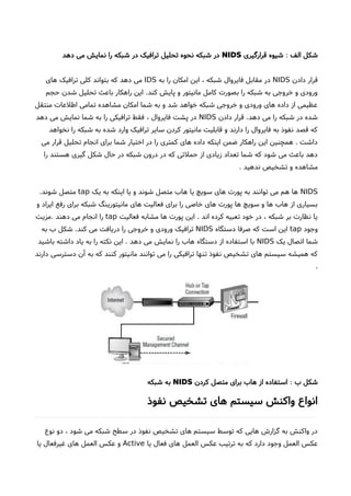 ‫الف‬ ‫شکل‬:‫قرارگیری‬ ‫شیوه‬NIDS‫دهد‬ ‫می‬ ‫نمایش‬ ‫را‬ ‫شبکه‬ ‫در‬ ‫ترافیک‬ ‫تحلیل‬ ‫نحوه‬ ‫شبکه‬ ‫در‬
‫دادن‬ ‫قرار‬NIDS‫به‬ ‫را‬ ‫امکان‬ ‫این‬ ، ‫شبکه‬ ‫فایروال‬ ‫مقابل‬ ‫در‬IDS‫های‬ ‫ترافیک‬ ‫کلی‬ ‫بتواند‬ ‫که‬ ‫دهد‬ ‫می‬
‫حجم‬ ‫شدن‬ ‫تحلیل‬ ‫باعث‬ ‫راهکار‬ ‫این‬ .‫کند‬ ‫پایش‬ ‫و‬ ‫مانیتور‬ ‫کامل‬ ‫بصورت‬ ‫را‬ ‫شبکه‬ ‫به‬ ‫خروجی‬ ‫و‬ ‫ورودی‬
‫منتقل‬ ‫اطلعات‬ ‫تمامی‬ ‫مشاهده‬ ‫امکان‬ ‫شما‬ ‫به‬ ‫و‬ ‫شد‬ ‫خواهد‬ ‫شبکه‬ ‫خروجی‬ ‫و‬ ‫ورودی‬ ‫های‬ ‫داده‬ ‫از‬ ‫عظیمی‬
‫دادن‬ ‫قرار‬ .‫دهد‬ ‫می‬ ‫را‬ ‫شبکه‬ ‫در‬ ‫شده‬NIDS‫دهد‬ ‫می‬ ‫نمایش‬ ‫شما‬ ‫به‬ ‫را‬ ‫ترافیکی‬ ‫فقط‬ ، ‫فایروال‬ ‫پشت‬ ‫در‬
‫نخواهد‬ ‫را‬ ‫شبکه‬ ‫به‬ ‫شده‬ ‫وارد‬ ‫ترافیک‬ ‫سایر‬ ‫کردن‬ ‫مانیتور‬ ‫قابلیت‬ ‫و‬ ‫دارند‬ ‫را‬ ‫فایروال‬ ‫به‬ ‫نفوذ‬ ‫قصد‬ ‫که‬
‫می‬ ‫قرار‬ ‫تحلیل‬ ‫انجام‬ ‫برای‬ ‫شما‬ ‫اختیار‬ ‫در‬ ‫را‬ ‫کمتری‬ ‫های‬ ‫داده‬ ‫اینکه‬ ‫ضمن‬ ‫راهکار‬ ‫این‬ ‫همچنین‬ . ‫داشت‬
‫را‬ ‫هستند‬ ‫گیری‬ ‫شکل‬ ‫حال‬ ‫در‬ ‫شبکه‬ ‫درون‬ ‫در‬ ‫که‬ ‫حملتی‬ ‫از‬ ‫زیادی‬ ‫تعداد‬ ‫شما‬ ‫که‬ ‫شود‬ ‫می‬ ‫باعث‬ ‫دهد‬
. ‫ندهید‬ ‫تشخیص‬ ‫و‬ ‫مشاهده‬
NIDS‫یک‬ ‫به‬ ‫اینکه‬ ‫یا‬ ‫و‬ ‫شوند‬ ‫متصل‬ ‫هاب‬ ‫یا‬ ‫سویچ‬ ‫های‬ ‫پورت‬ ‫به‬ ‫توانند‬ ‫می‬ ‫هم‬ ‫ها‬tap.‫شوند‬ ‫متصل‬
‫و‬ ‫ایراد‬ ‫رفع‬ ‫برای‬ ‫شبکه‬ ‫مانیتورینگ‬ ‫های‬ ‫فعالیت‬ ‫برای‬ ‫را‬ ‫خاصی‬ ‫های‬ ‫پورت‬ ‫ها‬ ‫سویچ‬ ‫و‬ ‫ها‬ ‫هاب‬ ‫از‬ ‫بسیاری‬
‫فعالیت‬ ‫مشابه‬ ‫ها‬ ‫پورت‬ ‫این‬ . ‫اند‬ ‫کرده‬ ‫تعبیه‬ ‫خود‬ ‫در‬ ، ‫شبکه‬ ‫بر‬ ‫نظارت‬ ‫یا‬tap‫.مزیت‬ ‫دهند‬ ‫می‬ ‫انجام‬ ‫را‬
‫وجود‬tap‫دستگاه‬ ‫صرفا‬ ‫که‬ ‫است‬ ‫این‬NIDS‫به‬ ‫ب‬ ‫شکل‬ .‫کند‬ ‫می‬ ‫دریافت‬ ‫را‬ ‫خروجی‬ ‫و‬ ‫ورودی‬ ‫ترافیک‬
‫یک‬ ‫اتصال‬ ‫شما‬NIDS‫باشید‬ ‫داشته‬ ‫یاد‬ ‫به‬ ‫را‬ ‫نکته‬ ‫این‬ . ‫دهد‬ ‫می‬ ‫نمایش‬ ‫را‬ ‫هاب‬ ‫دستگاه‬ ‫از‬ ‫استفاده‬ ‫با‬
‫دارند‬ ‫دسترسی‬ ‫آن‬ ‫به‬ ‫که‬ ‫کنند‬ ‫مانیتور‬ ‫توانند‬ ‫می‬ ‫را‬ ‫ترافیکی‬ ‫تنها‬ ‫نفوذ‬ ‫تشخیص‬ ‫های‬ ‫سیستم‬ ‫همیشه‬ ‫که‬
.
‫ب‬ ‫شکل‬:‫کردن‬ ‫متصل‬ ‫برای‬ ‫هاب‬ ‫از‬ ‫استفاده‬NIDS‫شبکه‬ ‫به‬
‫نفوذ‬ ‫تشخیص‬ ‫های‬ ‫سیستم‬ ‫واکنش‬ ‫انواع‬
‫نوع‬ ‫دو‬ ، ‫شود‬ ‫می‬ ‫شبکه‬ ‫سطح‬ ‫در‬ ‫نفوذ‬ ‫تشخیص‬ ‫های‬ ‫سیستم‬ ‫توسط‬ ‫که‬ ‫هایی‬ ‫گزارشا‬ ‫به‬ ‫واکنش‬ ‫در‬
‫یا‬ ‫فعال‬ ‫های‬ ‫العمل‬ ‫عکس‬ ‫ترتیب‬ ‫به‬ ‫که‬ ‫دارد‬ ‫وجود‬ ‫العمل‬ ‫عکس‬Active‫یا‬ ‫غیرفعال‬ ‫های‬ ‫العمل‬ ‫عکس‬ ‫و‬
 