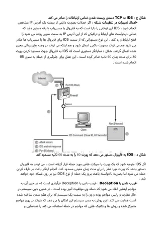 ‫ج‬ ‫شکل‬:IDS‫به‬TCP‫کند‬ ‫می‬ ‫صادر‬ ‫را‬ ‫ارتباطات‬ ‫تمامی‬ ‫شدن‬ ‫ریست‬ ‫دستور‬
•‫شبکه‬ ‫تنظیمات‬ ‫در‬ ‫تغییرات‬ ‫اعمال‬:‫آدرس‬ ‫یک‬ ‫سمت‬ ‫از‬ ‫دائمی‬ ‫بصورت‬ ‫حملت‬ ‫اگر‬IP‫مشخص‬
، ‫شود‬ ‫انجام‬IDS‫که‬ ‫دهد‬ ‫دستور‬ ‫شبکه‬ ‫مسیریاب‬ ‫یا‬ ‫فایروال‬ ‫به‬ ‫که‬ ‫است‬ ‫دارا‬ ‫را‬ ‫توانایی‬ ‫این‬
‫آدرس‬ ‫این‬ ‫از‬ ‫که‬ ‫ترافیکی‬ ‫و‬ ‫ارتباط‬ ‫های‬ ‫درخواست‬ ‫تمامی‬IP‫را‬ ‫شود‬ ‫می‬ ‫روانه‬ ‫سرور‬ ‫سمت‬ ‫به‬
‫سمت‬ ‫از‬ ‫که‬ ‫دستوراتی‬ ‫نوع‬ ‫این‬ . ‫کند‬ ‫رد‬ ‫و‬ ‫ارتباط‬ ‫قطع‬IDS‫صادر‬ ‫ها‬ ‫مسیریاب‬ ‫یا‬ ‫ها‬ ‫فایروال‬ ‫برای‬
‫معین‬ ‫زمانی‬ ‫های‬ ‫وهله‬ ‫در‬ ‫تواند‬ ‫می‬ ‫اینکه‬ ‫هم‬ ‫و‬ ‫شود‬ ‫اعمال‬ ‫دائمی‬ ‫بصورت‬ ‫تواند‬ ‫می‬ ‫هم‬ ‫شود‬ ‫می‬
‫که‬ ‫است‬ ‫دستوری‬ ‫نمایانگر‬ ‫د‬ ‫شکل‬ .‫گردند‬ ‫اعمال‬ ‫شده‬IDS‫پورت‬ ‫کردن‬ ‫مسدود‬ ‫جهت‬ ‫فایروال‬ ‫به‬
80‫زمان‬ ‫مدت‬ ‫برای‬60‫سرور‬ ‫به‬ ‫حمله‬ ‫از‬ ‫جلوگیری‬ ‫برای‬ ‫عمل‬ ‫این‬ ، ‫است‬ ‫کرده‬ ‫صادر‬ ‫ثانیه‬IIS
. ‫است‬ ‫شده‬ ‫انجام‬
‫د‬ ‫شکل‬:IDS‫پورت‬ ‫که‬ ‫دهد‬ ‫می‬ ‫دستور‬ ‫فایروال‬ ‫به‬80‫مدت‬ ‫به‬ ‫را‬60‫کند‬ ‫مسدود‬ ‫ثانیه‬
‫اگر‬IDS‫فایروال‬ ‫به‬ ‫تواند‬ ‫می‬ ، ‫است‬ ‫گرفته‬ ‫قرار‬ ‫حمله‬ ‫مورد‬ ‫خاص‬ ‫سوکت‬ ‫یا‬ ‫پورت‬ ‫یک‬ ‫که‬ ‫شود‬ ‫متوجه‬
‫کردن‬ ‫طرف‬ ‫بر‬ ‫باعث‬ ‫اینکار‬ ‫انجام‬ .‫کند‬ ‫مسدود‬ ‫معینی‬ ‫زمان‬ ‫مدت‬ ‫برای‬ ‫را‬ ‫نظر‬ ‫مورد‬ ‫پورت‬ ‫که‬ ‫بدهد‬ ‫دستور‬
‫نوع‬ ‫از‬ ‫حمله‬ ‫یک‬ ‫بروز‬ ‫باعث‬ ‫ناخواسته‬ ‫بصورت‬ ‫اما‬ ‫شود‬ ‫می‬ ‫حمله‬DOS‫خواهد‬ ‫خود‬ ‫شبکه‬ ‫روی‬ ‫بر‬ ‫نیز‬
. ‫شد‬
•‫یا‬ ‫دادن‬ ‫فریب‬Deception:‫یا‬ ‫دادن‬ ‫فریب‬Deception‫به‬ ‫آن‬ ‫حین‬ ‫در‬ ‫که‬ ‫است‬ ‫فرآیندی‬
‫در‬ ‫سیستم‬ ‫حین‬ ‫همین‬ ‫در‬ ، ‫است‬ ‫بوده‬ ‫آمیز‬ ‫موفقیت‬ ‫وی‬ ‫حمله‬ ‫که‬ ‫شود‬ ‫می‬ ‫القاء‬ ‫اینطور‬ ‫مهاجم‬
‫شده‬ ‫ساخته‬ ‫شدن‬ ‫هک‬ ‫برای‬ ‫که‬ ‫سیستم‬ ‫یک‬ ‫سمت‬ ‫به‬ ‫را‬ ‫وی‬ ‫و‬ ‫بوده‬ ‫مهاجم‬ ‫پایش‬ ‫و‬ ‫نظارت‬ ‫حال‬
‫مهاجم‬ ‫روی‬ ‫بر‬ ‫بتواند‬ ‫که‬ ‫دهد‬ ‫می‬ ‫را‬ ‫امکان‬ ‫این‬ ‫سیستم‬ ‫مدیر‬ ‫به‬ ‫روشا‬ ‫این‬ .‫کند‬ ‫می‬ ‫هدایت‬ ‫است‬
‫و‬ ‫شناسایی‬ ‫را‬ ‫کند‬ ‫می‬ ‫استفاده‬ ‫حمله‬ ‫در‬ ‫مهاجم‬ ‫که‬ ‫هایی‬ ‫تکنیک‬ ‫و‬ ‫ها‬ ‫روشا‬ ‫و‬ ‫شده‬ ‫متمرکز‬
 
