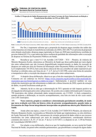 30
TRIBUNAL DE CONTAS DA UNIÃO
Secretaria-Geral de Controle Externo
Secretaria de Controle Externo da Saúde
Gráfico 2: Proporção de Saldos Remanescentes em Contas Correntes de Entes Subnacionais em Relação a
Transferências Recebidas via FNS em 2020 e 2021
Fonte: Localiza SUS, FNS, Painel Coronavírus e IBGE. Dados obtidos em 28/2/2021 (FNS), 17/3/2021 (Painel Coronavírus) e 24/3/2021 (Localiza SUS).
185. Por fim, é importante salientar que a proporção de despesas pagas extraídas dos saldos das
contas bancárias em relação às transferências realizadas em 2020 e 2021 (80,7%) é próxima da proporção
entre dotação atualizada e despesas pagas registradas no Siops em 2020 para transferências recebidas do
governo federal (82,1%), o que indica que houve melhora da qualidade das informações sobre a execução
de despesas no Sistema de Orçamentos Públicos em Saúde.
186. Ressalta-se que o item 9.1.5 do Acórdão 2.817/2020 – TCU – Plenário, de relatoria do
Ministro Benjamin Zymler, determinou ao Ministério da Saúde que desse publicidade por meio digital
dos entes subnacionais que não tivessem disponibilizado tempestivamente os dados de execução de
despesas em saúde por meio do Sistema de Informação sobre Orçamento Público em Saúde (art. 39 da
Lei Complementar 141/2012), bem como desse ciência do fato aos conselhos de saúde responsáveis por
fiscalizar os referidos entes, por força do art. 1º, § 2º, da Lei 8.142/1990, como uma forma de aumentar
a transparência sobre a execução das despesas em saúde pelos entes subnacionais.
187. A despeito dessa deliberação, observa-se que a lista dos municípios foi disponibilizada pelo
Conasems em seu endereço na Internet (https://www.conasems.org.br/confira-a-lista-atualizada-de-
municipios-que-nao-homologaram-os-dados-no-siops/). Indiretamente, é possível também ver essa
relação dos municípios que não alimentaram os dados até o último bimestre de 2020, a partir de extração
de dados, via portal localizasus.saude.gov.br.
188. Ademais, há de se citar que a determinação do TCU aparenta ter tido impacto positivo na
divulgação da informação pelos entes subnacionais. De acordo com os dados informados pelo Conasems,
798 municípios não tinham alimentado dados tempestivamente, em 2/3/2021. A título comparativo,
quando proposta a deliberação, no terceiro acompanhamento, essa lista era mais de três vezes maior,
com 2.681 municípios.
189. Nesse contexto, propõe-se considerar a determinação parcialmente atendida, de modo
que nova avaliação será feita em futuros ciclos do presente acompanhamento, quando todas as
ferramentas do Siops forem integralmente incorporadas em plataforma aberta pelo Ministério da
Saúde.
190. Ainda sobre este tópico, o item 9.3.2 do Acórdão 2.817/2020-TCU-Plenário, de relatoria do
Ministro Benjamin Zymler, recomendou ao Ministério da Saúde que implementasse, no sítio eletrônico
do Fundo Nacional de Saúde (FNS), mecanismos de extração gerencial de dados relativos aos recursos
transferidos aos entes subnacionais por meio de emendas parlamentares, considerando diretrizes
constantes dos incisos I, II, IV e V do art. 3º da Lei 12.527/2011 e o disposto no art. 1.150 da Portaria
de Consolidação GM/MS 6/2017.
191. Em relação a essa deliberação, observa-se que foi implementado, no novo portal do Fundo
Nacional de Saúde, um painel sobre emendas parlamentares, que possibilitam a extração de alguns dados
0,00%
15,00%
30,00%
45,00%
60,00%
75,00%
RR RO AM DF AC ES MS GO AP MT SC TO PA RJ PR PB MG SP RS RN AL PE PI SE MA BA CE
Proporção de saldos remanescentes em contas Taxa relativa de mortalidade por Covid-19
Para verificar as assinaturas, acesse www.tcu.gov.br/autenticidade, informando o código 67709303.
 