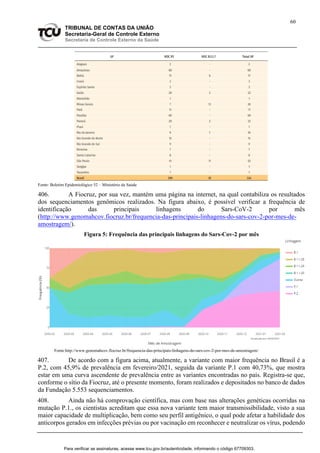 60
TRIBUNAL DE CONTAS DA UNIÃO
Secretaria-Geral de Controle Externo
Secretaria de Controle Externo da Saúde
Fonte: Boletim Epidemiológico 52 – Ministério da Saúde
406. A Fiocruz, por sua vez, mantém uma página na internet, na qual contabiliza os resultados
dos sequenciamentos genômicos realizados. Na figura abaixo, é possível verificar a frequência de
identificação das principais linhagens do Sars-CoV-2 por mês
(http://www.genomahcov.fiocruz.br/frequencia-das-principais-linhagens-do-sars-cov-2-por-mes-de-
amostragem/).
Figura 5: Frequência das principais linhagens do Sars-Cov-2 por mês
Fonte:http://www.genomahcov.fiocruz.br/frequencia-das-principais-linhagens-do-sars-cov-2-por-mes-de-amostragem/
407. De acordo com a figura acima, atualmente, a variante com maior frequência no Brasil é a
P.2, com 45,9% de prevalência em fevereiro/2021, seguida da variante P.1 com 40,73%, que mostra
estar em uma curva ascendente de prevalência entre as variantes encontradas no país. Registra-se que,
conforme o sítio da Fiocruz, até o presente momento, foram realizados e depositados no banco de dados
da Fundação 5.553 sequenciamentos.
408. Ainda não há comprovação científica, mas com base nas alterações genéticas ocorridas na
mutação P.1., os cientistas acreditam que essa nova variante tem maior transmissibilidade, visto a sua
maior capacidade de multiplicação, bem como seu perfil antigênico, o qual pode afetar a habilidade dos
anticorpos gerados em infecções prévias ou por vacinação em reconhecer e neutralizar os vírus, podendo
Para verificar as assinaturas, acesse www.tcu.gov.br/autenticidade, informando o código 67709303.
 