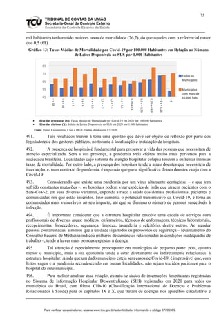 73
TRIBUNAL DE CONTAS DA UNIÃO
Secretaria-Geral de Controle Externo
Secretaria de Controle Externo da Saúde
mil habitantes tenham tido maiores taxas de mortalidade (76,7), do que aqueles com o referencial maior
que 0,5 (68).
Gráfico 13: Taxas Médias de Mortalidade por Covid-19 por 100.000 Habitantes em Relação ao Número
de Leitos Disponíveis ao SUS por 1.000 Habitantes
 Eixo das ordenadas (Y): Taxas Médias de Mortalidade por Covid-19 em 2020 por 100.000 habitantes
 Eixo das abcissas (X): Média de Leitos Disponíveis ao SUS em 2020 por 1.000 habitantes
Fonte: Painel Coronavírus, Cnes e IBGE. Dados obtidos em 2/3/2020.
491. Tais resultados trazem à tona uma questão que deve ser objeto de reflexão por parte dos
legisladores e dos gestores públicos, no tocante à localização e instalação de hospitais.
492. A presença de hospitais é fundamental para preservar a vida das pessoas que necessitam de
atenção especializada. Sem a sua presença, a pandemia teria efeitos muito mais perversos para a
sociedade brasileira. Localidades cujo sistema de atenção hospitalar colapsa tendem a enfrentar intensas
taxas de mortalidade. Por outro lado, a presença dos hospitais tende a atrair doentes que necessitem de
internação, e, num contexto de pandemia, é esperado que parte significativa desses doentes esteja com a
Covid-19.
493. Considerando que existe uma pandemia por um vírus altamente contagioso – e que tem
sofrido constantes mutações –, os hospitais podem virar espécies de ímãs que atraem pacientes com o
Sars-CoV-2, em suas diversas variantes, expondo a risco a saúde dos demais profissionais, pacientes e
comunidades em que estão inseridos. Isso aumenta o potencial transmissivo da Covid-19, e torna as
comunidades mais vulneráveis ao seu impacto, até que se diminua o número de pessoas suscetíveis à
infecção.
494. É importante considerar que a estrutura hospitalar envolve uma cadeia de serviços com
profissionais de diversas áreas: médicos, enfermeiros, técnicos de enfermagem, técnicos laboratoriais,
recepcionistas, fornecedores, segurança, limpeza, lavanderia e refeitório, dentre outros. Ao atender
pessoas contaminadas, a menos que a unidade siga todos os protocolos de segurança – levantamento do
Conselho Federal de Medicina indicou milhares de denúncias relacionadas às condições inadequadas de
trabalho –, tende a haver mais pessoas expostas à doença.
495. Tal situação é especialmente preocupante em municípios de pequeno porte, pois, quanto
menor o município, mais a sua economia tende a estar diretamente ou indiretamente relacionada à
estrutura hospitalar. Ainda que um dado município esteja sem casos de Covid-19, é improvável que, com
leitos vagos e a pandemia recrudescendo em outras localidades, não sejam trazidos pacientes para o
hospital do ente municipal.
496. Para melhor analisar essa relação, extraiu-se dados de internações hospitalares registradas
no Sistema de Informação Hospitalar Descentralizado (SIH) registradas em 2020 para todos os
municípios do Brasil, com filtros CID-10 (Classificação Internacional de Doenças e Problemas
Relacionados à Saúde) para os capítulos IX e X, que tratam de doenças nos aparelhos circulatório e
45
55
65
75
85
>
=
10
5
a
<
10
4
a
<
5
3
a
<
4
3
a
<
2,5
2,5
a
<
2
1,5
a
<
2
1
a
<
1,5
0,75
a
<
1
0,5
a
<
0,75
0,25
a
<
0,5
>
0
a
<
0,25
=
0
Todos os
Municípios
Municípios
com mais de
20.000 hab.
Para verificar as assinaturas, acesse www.tcu.gov.br/autenticidade, informando o código 67709303.
 