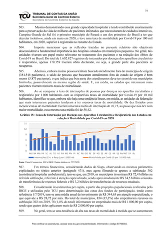 75
TRIBUNAL DE CONTAS DA UNIÃO
Secretaria-Geral de Controle Externo
Secretaria de Controle Externo da Saúde
503. Mesmo demonstrando essa grande capacidade hospitalar e tendo contribuído enormemente
para a preservação da vida de milhares de pacientes infectados que necessitaram de cuidados intensivos,
Campina Grande do Sul foi o primeiro município do Paraná e um dos primeiros do Brasil a ter que
decretar lockdown, ainda em maio em 2020, e teve uma taxa de mortalidade por Covid-19 por 100 mil
habitantes, em 2020, superior à registrada no restante do Estado.
504. Importa mencionar que as reflexões trazidas no presente relatório não objetivam
desconsiderar a fundamental importância dos hospitais situados em municípios pequenos. No geral, tais
unidades tiveram um papel muito relevante no tratamento dos pacientes e na redução dos óbitos de
Covid-19 no Brasil. Do total de 1.602.827 registros de internados por doenças dos aparelhos circulatório
e respiratório, apenas 170.359 tiveram óbito declarado, ou seja, a grande parte dos pacientes se
recuperou.
505. Ademais, embora muitas pessoas tenham buscado atendimento fora do município de origem
(384.548 pacientes), o saldo de pessoas que buscaram atendimento fora do estado de origem é bem
menor (5.875 pacientes), o que indica que boa parte dos atendimentos deve ter ocorrido em municípios
limítrofes, possivelmente na mesma região de saúde. E, em média, os estados que internaram mais
pacientes tiveram menores taxas de mortalidade.
506. Ao se comparar a taxa de internações de pessoas por doenças no aparelho circulatório e
respiratório por 1.000 habitantes com as respectivas taxas de mortalidade por Covid-19 por 10 mil
habitantes, identifica-se que, embora não haja uma tendência linear, em média, as unidades da federação
que mais internaram pacientes tenderam a ter menores taxas de mortalidade. Os dez Estados com
menores taxas de mortalidade tiveram uma taxa média de internação de 76,23, ao passo que nos dez com
maior mortalidade, essa mesma taxa média foi de 58,42.
Gráfico 15: Taxas de Internação por Doenças nos Aparelhos Circulatório e Respiratório nos Estados em
relação à Mortalidade por Covid-19 em 2020
Fonte: Painel Coronavírus, SIH e IBGE. Dados obtidos em 22/2/2020.
507. Em termos financeiros, considerando dados do Siops, observando os mesmos parâmetros
explicitados no tópico anterior (parágrafo 471), mas agora filtrando-se apenas a subfunção 302
(assistência hospitalar ambulatorial), tem-se que, em 2019, os municípios investiram R$ 72,4 bilhões na
referida subfunção, referente à atenção especializada, sendo aproximadamente R$ 34,5 bilhões oriundos
de transferências de recursos federais e R$ 3,2 bilhões de transferências de recursos estaduais.
508. Considerando investimentos per capita, a partir das projeções populacionais realizadas pelo
IBGE e utilizadas pelo TCU para determinação das cotas dos fundos de participação, tendo como
referência 1/7/2019, tem-se uma média anual de investimento de R$ 344,65 em atenção especializada, o
que equivale a R$ 28,72 por mês. Do total de municípios, 854 (15,3%) não empenharam recursos na
subfunção 302 em 2019, 78 (1,4% do total) informaram ter empenhado mais de R$ 1.000,00 per capita,
sendo que quatro deles aplicaram mais de R$ 2.000,00 per capita.
509. No geral, tem-se uma tendência de alta nas taxas de mortalidade à medida que se aumentaram
0
3
6
9
12
15
MG BA MA PR SC AL TO RS PA MS RN PI AC PB GO PE SP RO SE AP CE RR ES AM MT DF RJ
Internações (Circ. e Resp.) por 1.000 hab. Mortalidade por Covid-19 por 10.000 hab.
Para verificar as assinaturas, acesse www.tcu.gov.br/autenticidade, informando o código 67709303.
 