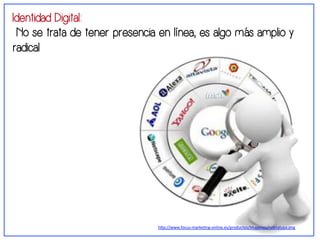 Identidad Digital: 
No se trata de tener presencia en línea, es algo más amplio y 
radical 
h"p://www.focus-­‐marke-ng-­‐online.es/productos/imagenes/ruletalupa.png 
 