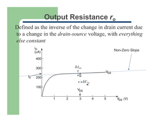 Output Resistance ro
Defined as the inverse of the change in drain current due
to a change in the drain-source voltage, with everything
else constant
Non-Zero Slope
VDS
IDS
 