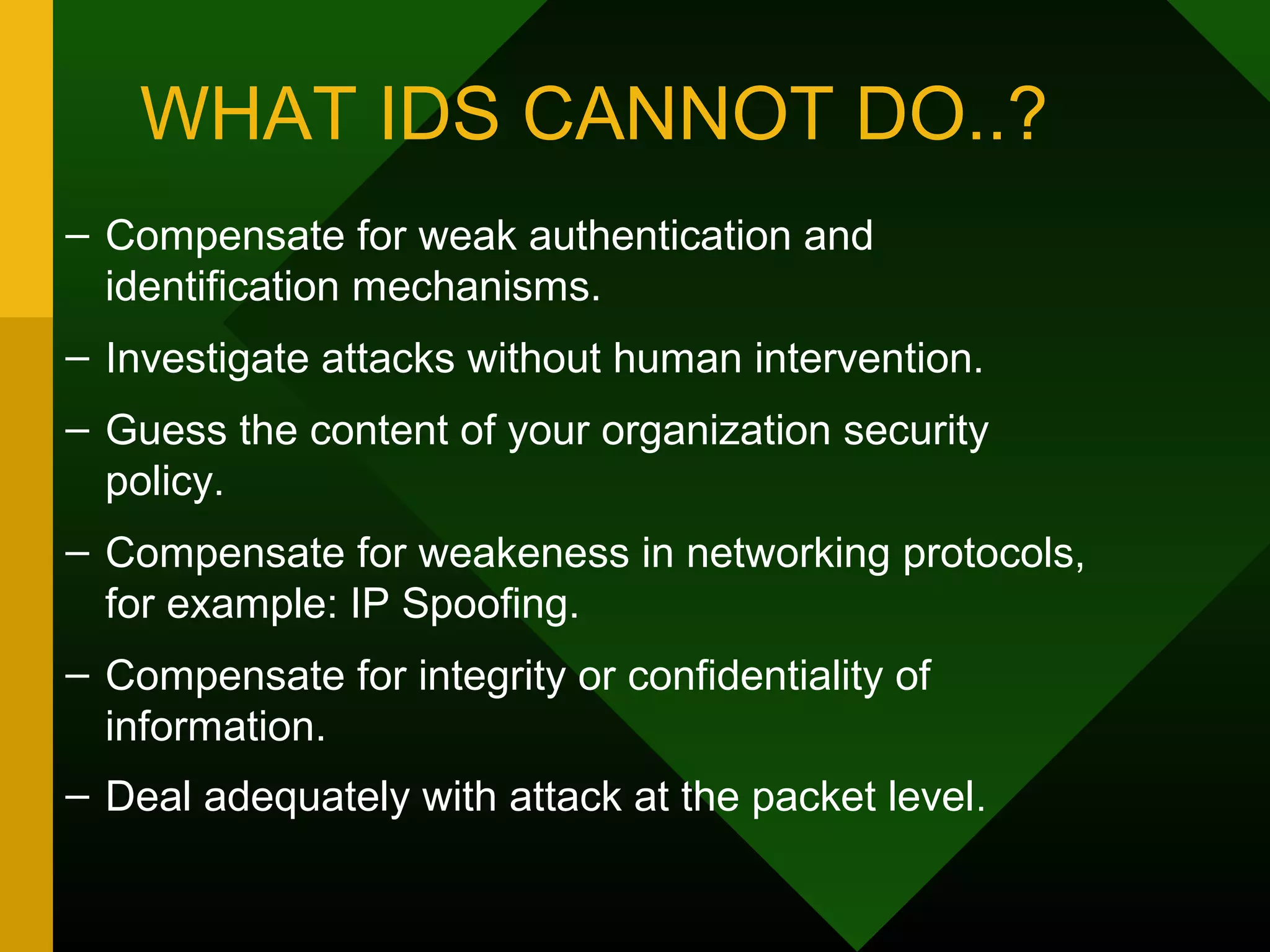 WHAT IDS CANNOT DO..?
– Compensate for weak authentication and
identification mechanisms.
– Investigate attacks without human intervention.
– Guess the content of your organization security
policy.
– Compensate for weakeness in networking protocols,
for example: IP Spoofing.
– Compensate for integrity or confidentiality of
information.
– Deal adequately with attack at the packet level.
 