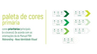 R G B
241 245 242
f1f5f2
R G B
255 255 255
ffffff
R G B
206 230 193
cee6c1
R G B
203 219 42
cbdb2a
R G B
127 195 73
7fc349
R G B
0 167 76
00a74c
R G B
0 114 54
007236
paleta de cores
primária
cores prioritárias/principais
(e o branco). De acordo com as
orientações da do Manual PBH
Rebranding - Nova Identidade Visual
 