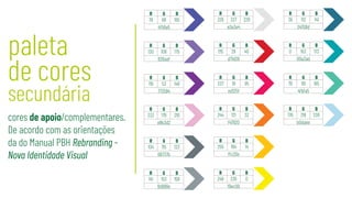 paleta
de cores
secundária
cores de apoio/complementares.
De acordo com as orientações
da do Manual PBH Rebranding -
Nova Identidade Visual
R G B
249 236 0
f9ec00
R G B
141 153 158
8d999e
R G B
255 194 14
ffc20e
R G B
104 115 123
68737b
R G B
176 218 238
b0daee
R G B
244 121 32
f47920
R G B
233 179 210
e9b3d2
R G B
79 191 165
4fbfa5
R G B
237 18 95
ed125f
R G B
119 53 148
773594
R G B
0 163 173
00a3ad
R G B
215 29 40
d71d28
R G B
130 106 175
826aaf
R G B
36 112 141
24708d
R G B
226 227 228
e2e3e4
R G B
79 86 165
4f56a5
 