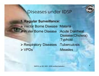 Diseases under IDSP

1. Regular Surveillance:
Ø Vector Borne Disease :Malaria
Ø Water Borne Disease :Acute Diarrheal
                         Disease(Cholera)
                        :Typhoid
Ø Respiratory Diseases :Tuberculosis
Ø VPDs                  :Measles



        SIHFW: an ISO 9001: 2008 certified Institution   9
 
