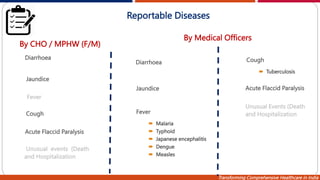 Transforming Comprehensive Healthcare in India
Reportable Diseases
Diarrhoea
Jaundice
Cough
Acute Flaccid Paralysis
Acute Flaccid Paralysis
Cough
 Tuberculosis
By CHO / MPHW (F/M)
By Medical Officers
Unusual events (Death
and Hospitalization
Diarrhoea
Jaundice
Fever
 Malaria
 Typhoid
 Japanese encephalitis
 Dengue
 Measles
Fever
Unusual Events (Death
and Hospitalization
 