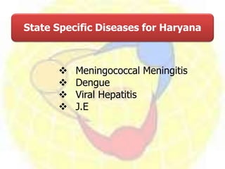 State Specific Diseases for Haryana
 Meningococcal Meningitis
 Dengue
 Viral Hepatitis
 J.E
 