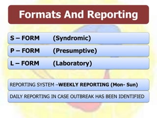 Formats And Reporting
S – FORM (Syndromic)
P – FORM (Presumptive)
L – FORM (Laboratory)
REPORTING SYSTEM –WEEKLY REPORTING (Mon- Sun)
DAILY REPORTING IN CASE OUTBREAK HAS BEEN IDENTIFIED
 